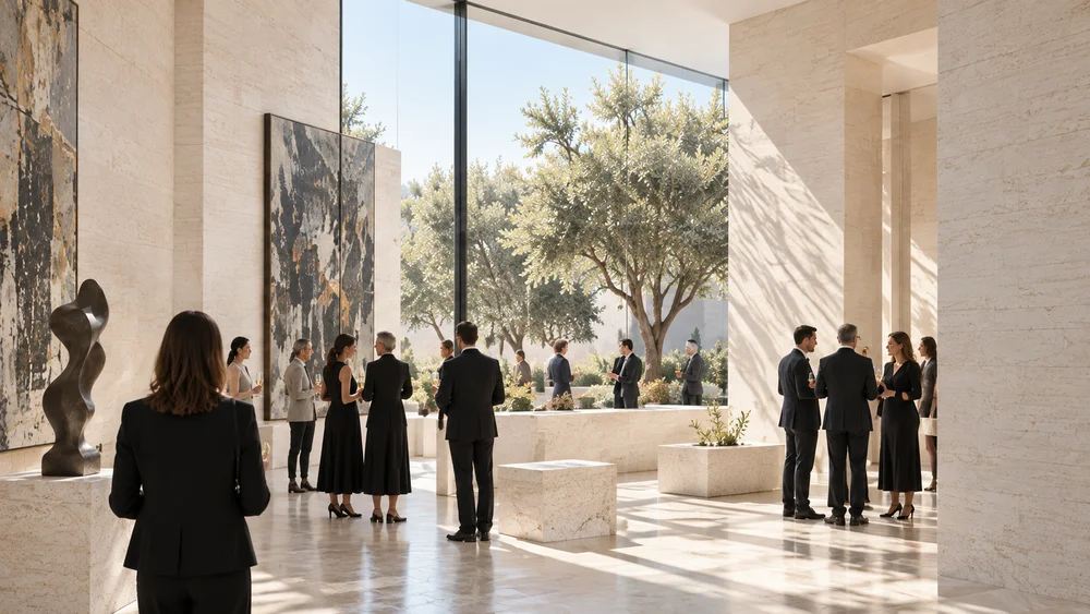 A private opening in a sunlit art gallery