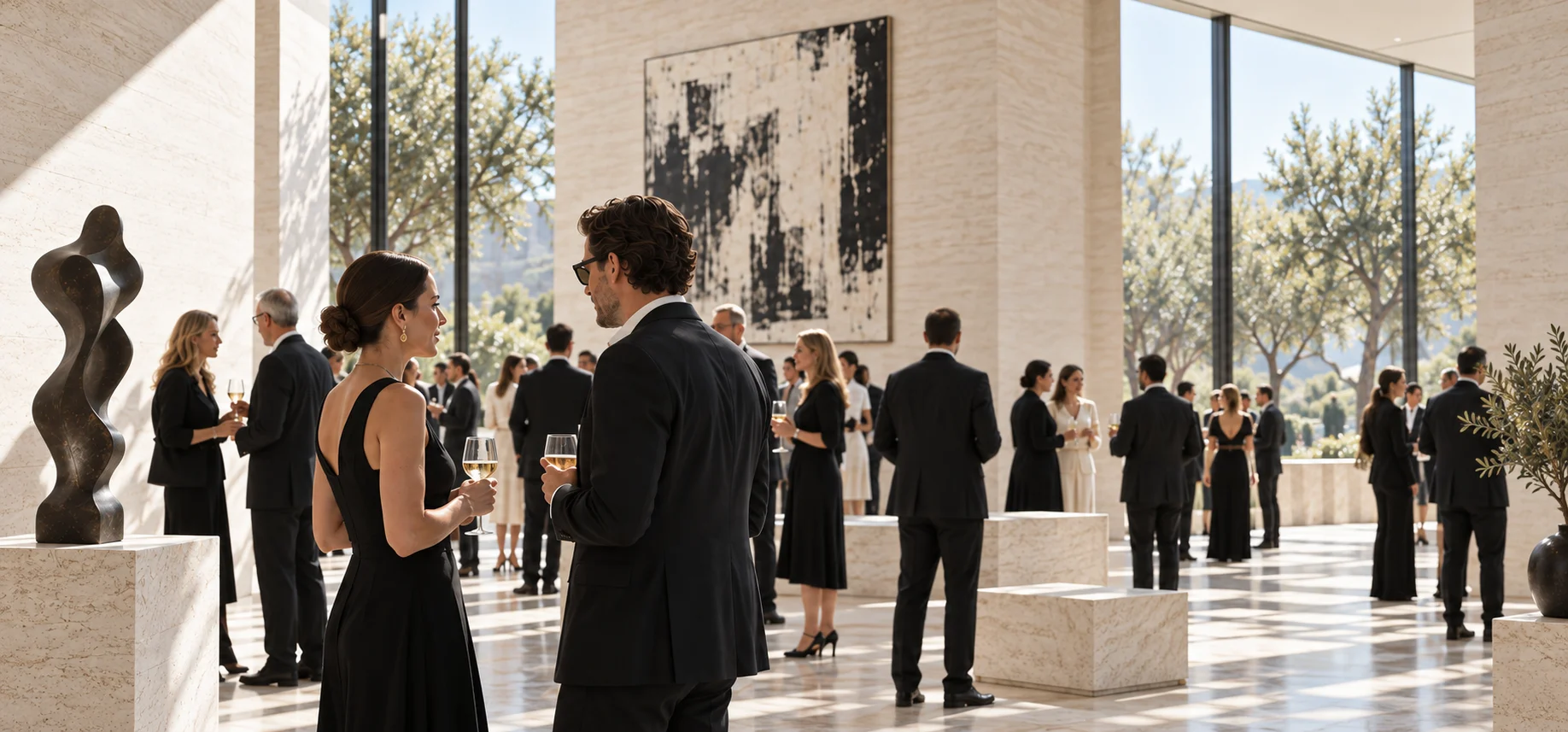 Guests at an intimate private opening in a contemporary art gallery